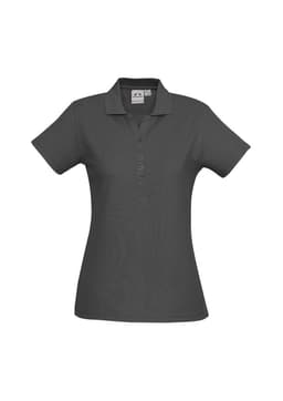 A grey ladies’ polo shirt featuring a classic collar, short sleeves, and a front button placket. Has a logo on the label.