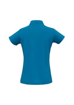 A blue ladies' polo shirt with a classic collar and short sleeves, featuring a logo on the back.