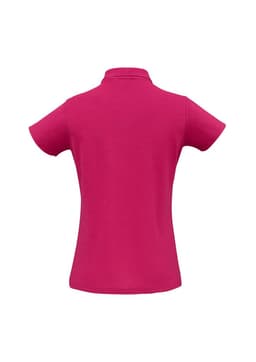 A ladies polo shirt in a vibrant magenta colour, featuring a classic collar and short sleeves. It has a logo.