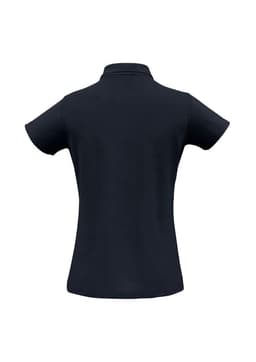 A short-sleeved polo shirt in navy blue with a collar and a logo. The back view showcases its sleek design.