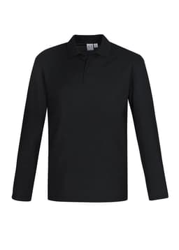 A long sleeve polo shirt in black, featuring a collar and a logo on the chest.