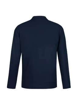 A navy long sleeve polo shirt with a simple design and a logo on the chest area.