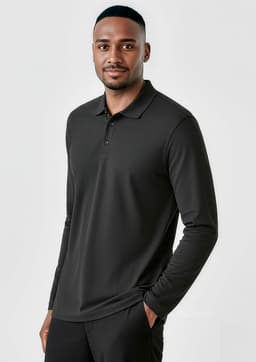 A long sleeve polo shirt in black, featuring a collar and a logo. Model is wearing the shirt.