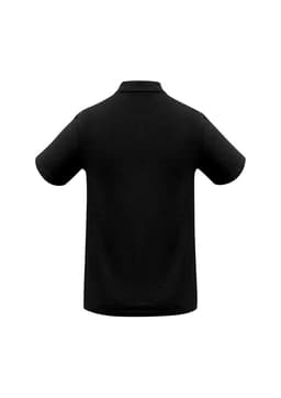 A black men's polo shirt featuring a collar and short sleeves, with a logo present on the garment.
