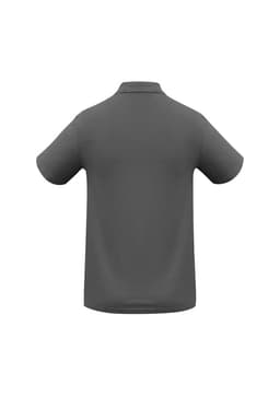 A grey polo shirt with a classic collar and short sleeves, featuring a logo on the front.