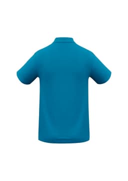 A turquoise crew men's polo shirt with a classic collar and short sleeves, featuring a logo.