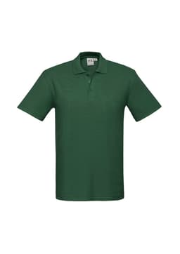 A green men's polo shirt with a collar and three buttons, featuring a logo on the left side.