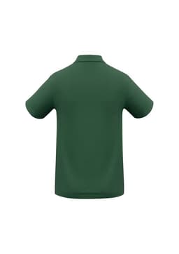 A green men's polo shirt featuring a classic collar and short sleeves, with a branding logo on the back.