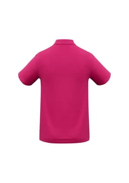 A magenta men's polo shirt with a collar and short sleeves, featuring a logo on the side.