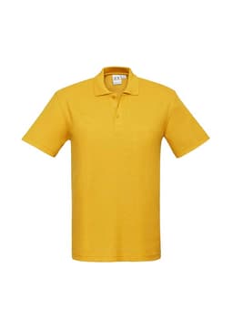 A yellow men's polo shirt featuring a collar and short sleeves, with a branding logo.