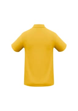 A yellow polo shirt with a classic collar and short sleeves, featuring a logo on the back.