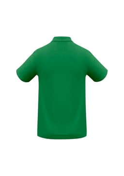 A green men's polo shirt with a collar and short sleeves, featuring a logo on the back.