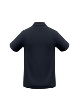 A navy blue men's polo shirt featuring a classic design and a logo on the back.