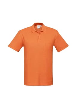 An orange men's polo shirt featuring a collar and three buttons, with a logo on the chest.