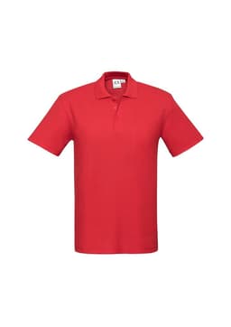 A red short sleeve polo shirt featuring a collar and a logo on the chest.