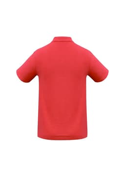A red polo shirt with a collar and short sleeves. The back features a logo.
