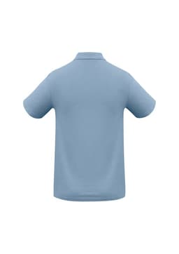 A light blue polo shirt with a collar, featuring short sleeves and a logo on the back.