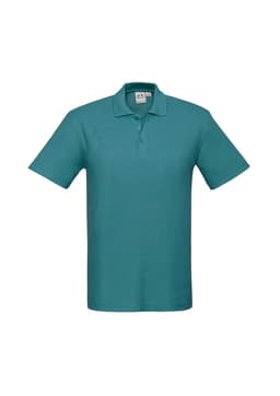 A teal men's polo shirt featuring a classic collar and short sleeves, with a logo on the chest.