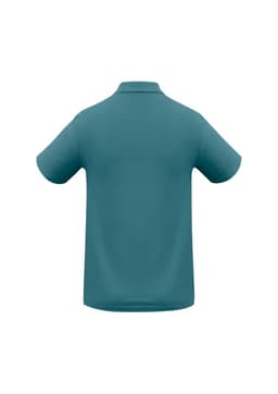 A teal men's polo shirt with short sleeves and a classic collar, featuring a branding logo.