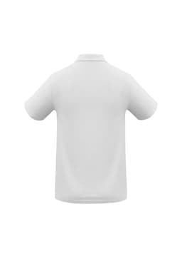 A white polo shirt featuring a collar and short sleeves, with a logo on the back.