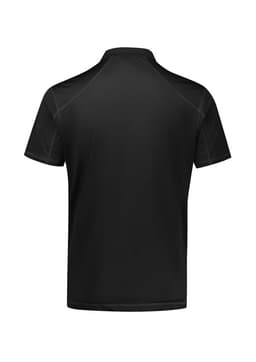 A black men's short sleeve polo shirt featuring a tailored fit and back collar design. Includes a small logo.