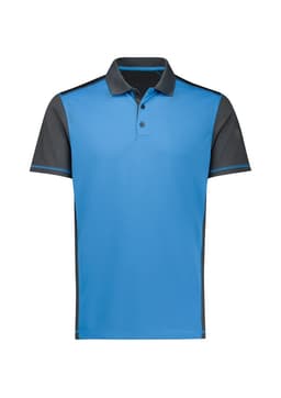 A blue and grey men's short sleeve polo shirt featuring a logo.