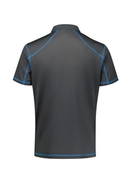 A dark grey men's short sleeve polo shirt with blue accents and a logo. It features a stylish design and modern fit.