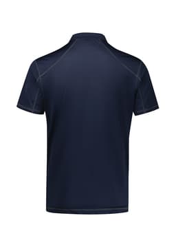 A navy blue short sleeve polo shirt featuring a logo on the back.