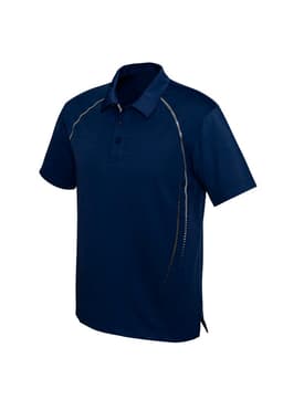 A navy short sleeve polo shirt with a sporty design and a logo on the chest.