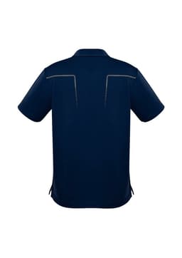 A navy blue men's polo shirt with short sleeves and a design featuring stitching details on the back.