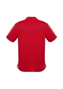 A red men's short sleeve polo shirt featuring a subtle design element and a logo. Back view displayed.