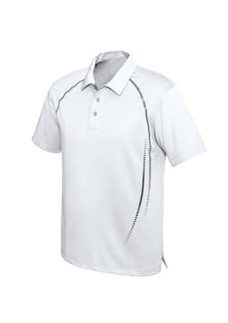 A light grey short sleeve polo shirt featuring a sleek design and logo on the front.