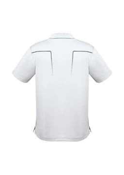 A short sleeve polo shirt in white featuring a logo and back detailing.
