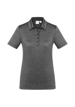 A women's polo shirt in dark grey, featuring short sleeves and a collar with buttons. Includes a logo on the front.