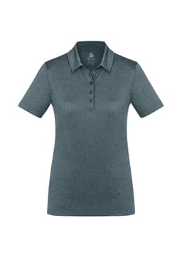 A women's short sleeve polo shirt in dark grey with a collared neckline and a logo on the label.