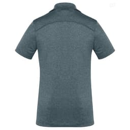 A dark grey women's polo shirt with short sleeves and a subtle texture, featuring a collar and a logo.