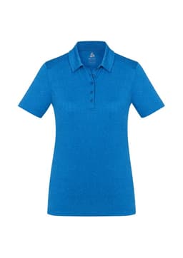 A bright blue women's short sleeve polo shirt featuring a collar and button placket, with a logo on the chest.