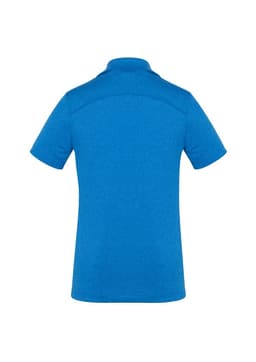 A blue women's polo shirt with short sleeves and a back view, featuring a subtle texture and a logo.