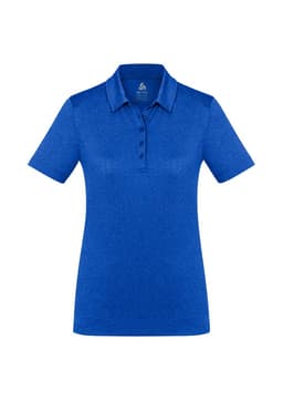 A blue women's polo shirt with short sleeves and a collared neck, featuring a logo on the chest area.
