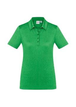A women's polo shirt in a vibrant green shade with short sleeves and a button placket. Features a logo.