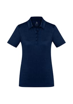 A women's short sleeve polo shirt in navy blue with a collar and a logo on the chest.