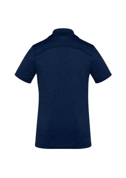 A navy blue women's short sleeve polo shirt with a collar and a logo on the back.