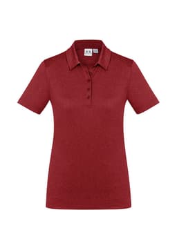A women's short sleeve polo shirt in a rich burgundy colour, featuring a collar and buttons, with a logo on the front.