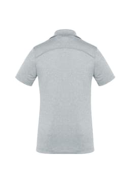 A light grey women's short sleeve polo shirt with a subtle texture and a back view. It features a logo.