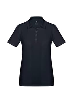 A women's polo shirt in navy blue with short sleeves and a three-button placket, featuring a logo.