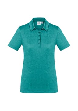 A teal women's short sleeve polo shirt with a collar, featuring a logo on the chest.