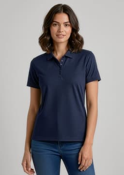 A navy blue women's short sleeve polo shirt with a collar and three buttons, featuring a logo.