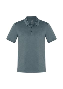 A men's polo shirt in a dark blue-grey shade with a collar, short sleeves, and a logo on the chest.