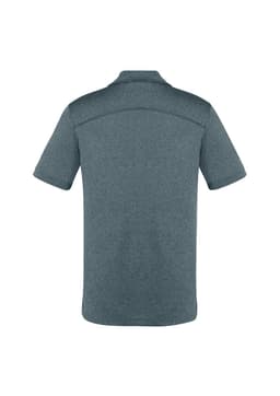 A short sleeve polo shirt in a dark grey colour, featuring a logo on the back.