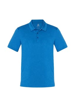 A short sleeve polo shirt in vibrant blue with a collar and three buttons, featuring a logo.